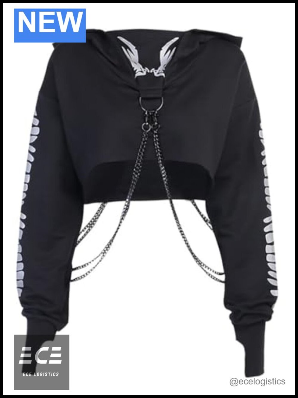 Gothic Crop Hoodie Long Sleeve Reflective Skull Print Tops